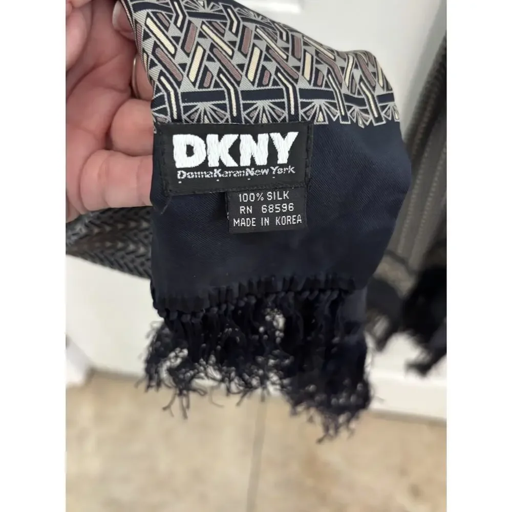 Vintage DKNY Donna Karan New York 100% Silk Scarf Black Geometric Fringe Korea